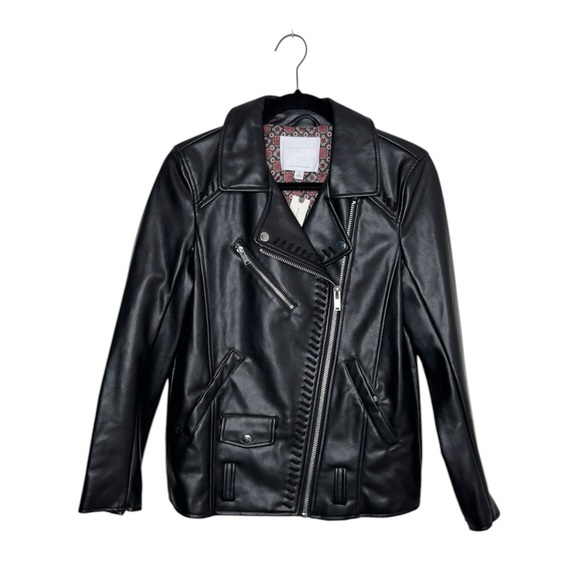 Anthropologie women's XS black moto faux leather midi whipstitch jacket biker - Picture 2 of 11